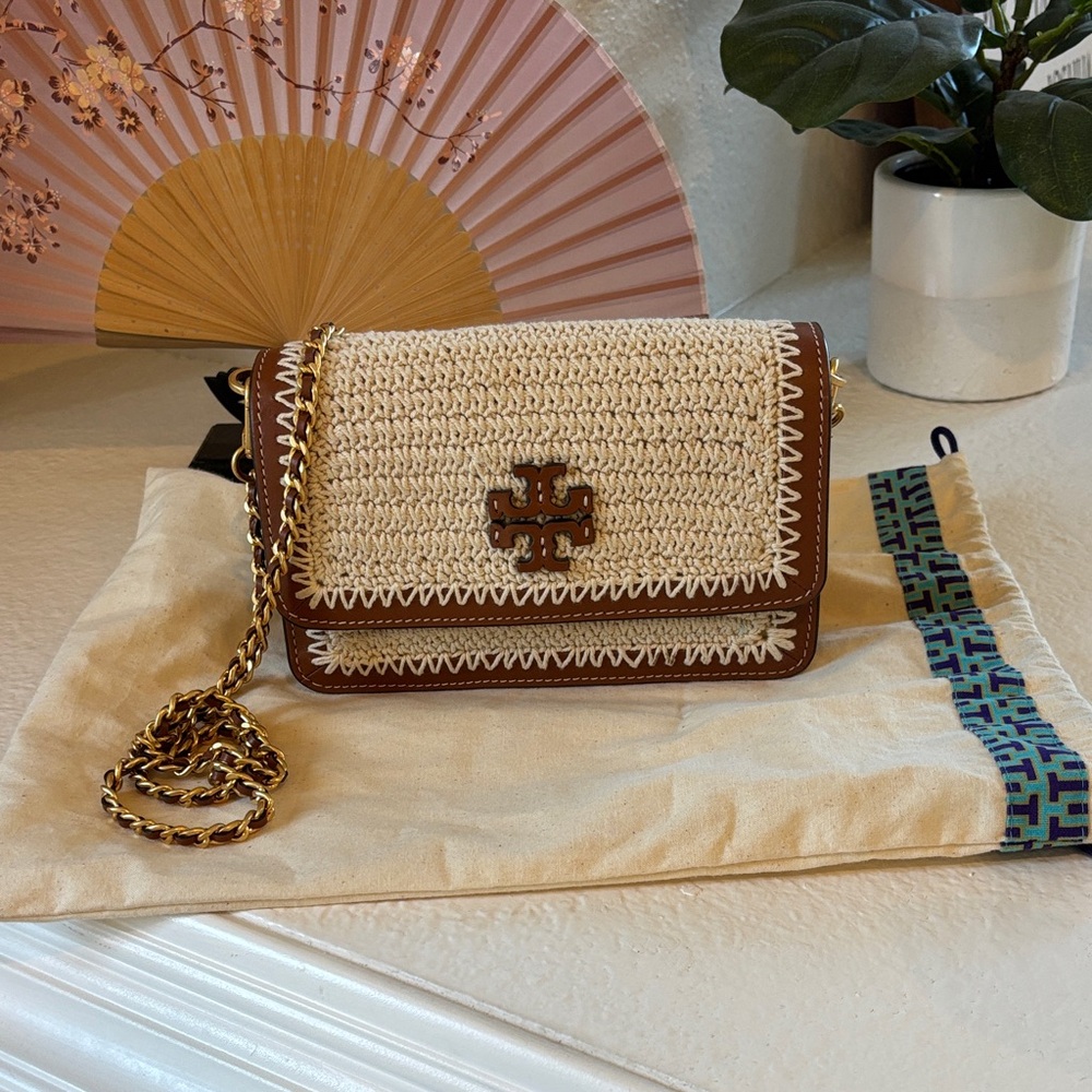 Tory Burch Tan and White Woven Crossbody Bag